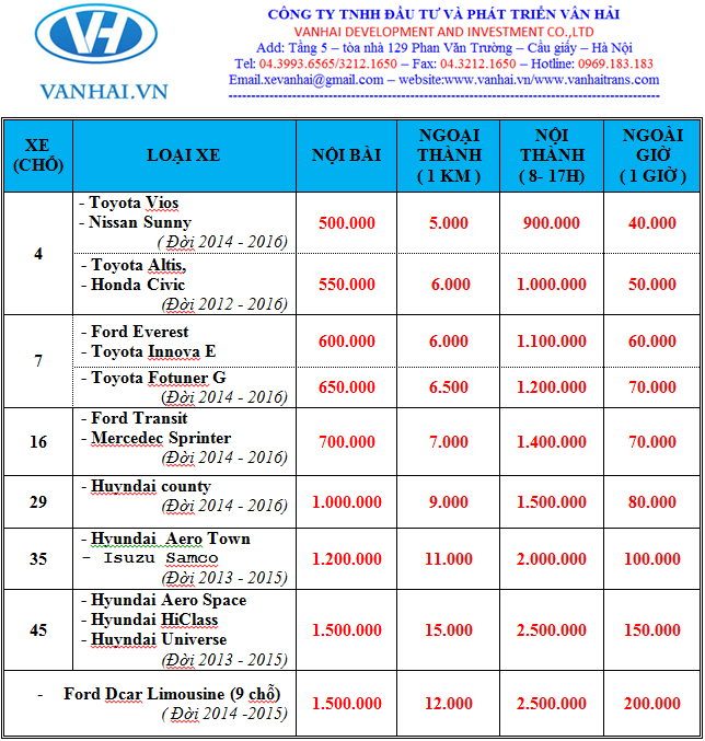Bảng giá cho thuê xe du lịch của Vân Hải tại Hà Nội